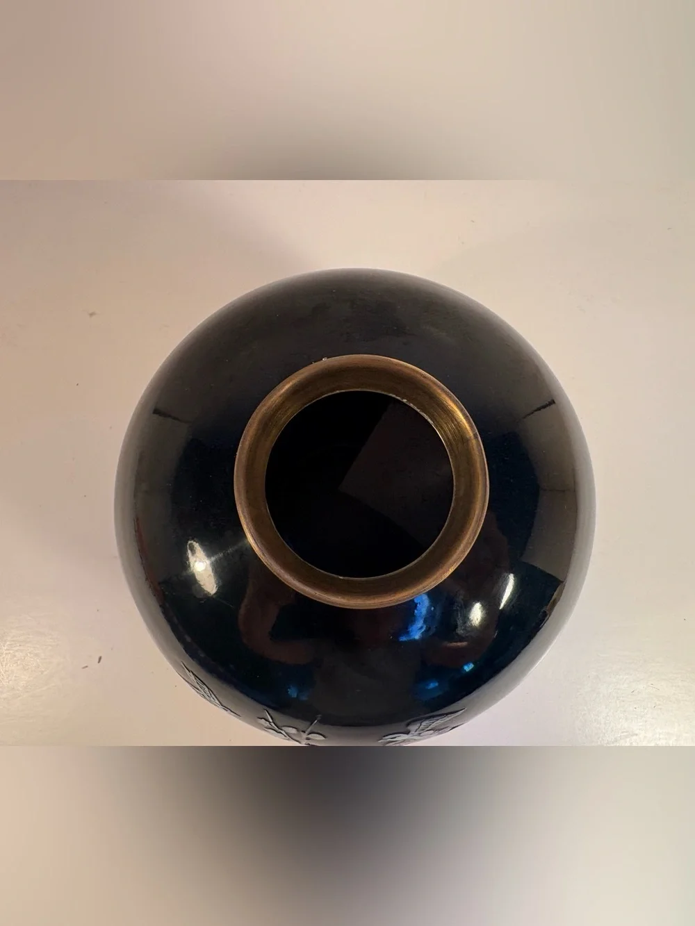 Black Enamel on Brass vase with Birds & Floral Abalone Shell inlay